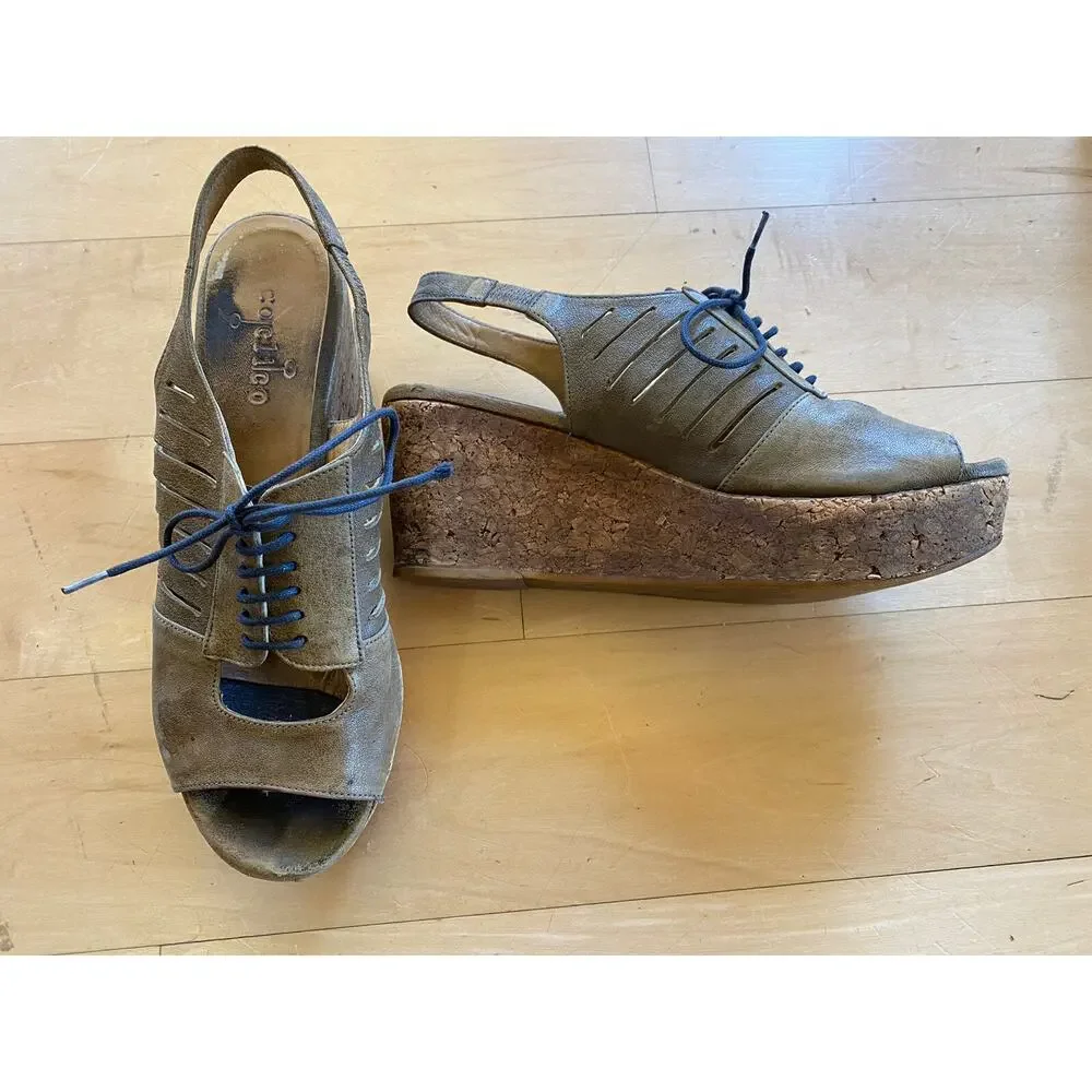 COCLICO Pierced Leather Lace Up Cork Platform Wedge Tie Sandals Brown 37 7 $395